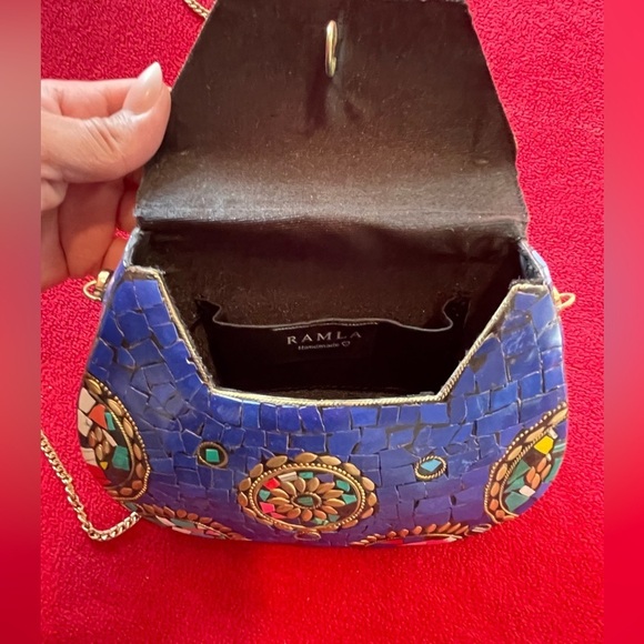 RAMLA Moriccan Handmade Mosaic Tile Handbag Blue with Gold - Picture 7 of 8